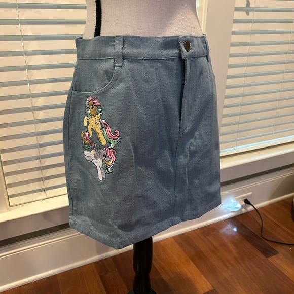 Unique Vintage Dresses & Skirts - Blue Denim Skirt with Embroidered Design